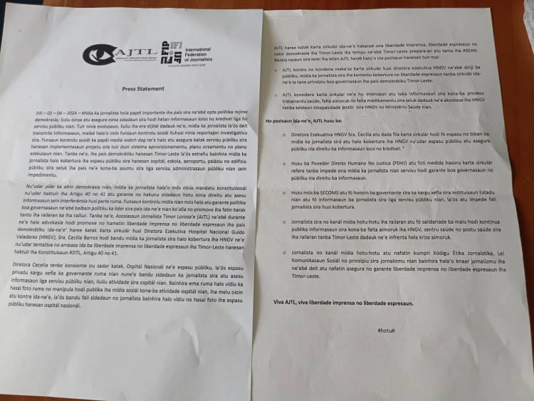 Opiniaun: Press Statement  AJTL Kona-ba Sirkular Hosi HNGV